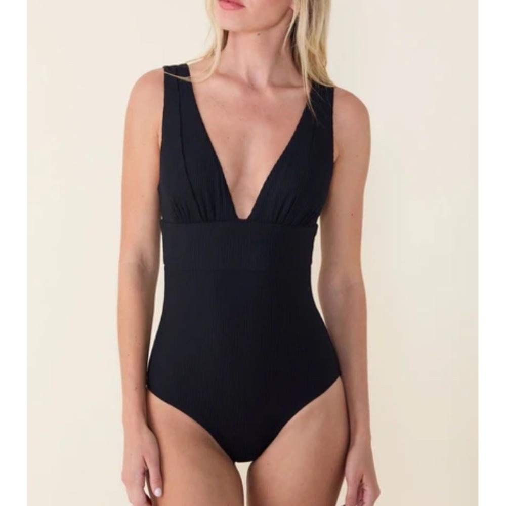 Andie Swim The Mykonos One‎ Piece Swimsuit Black Deep V-Neck Ruched Size L